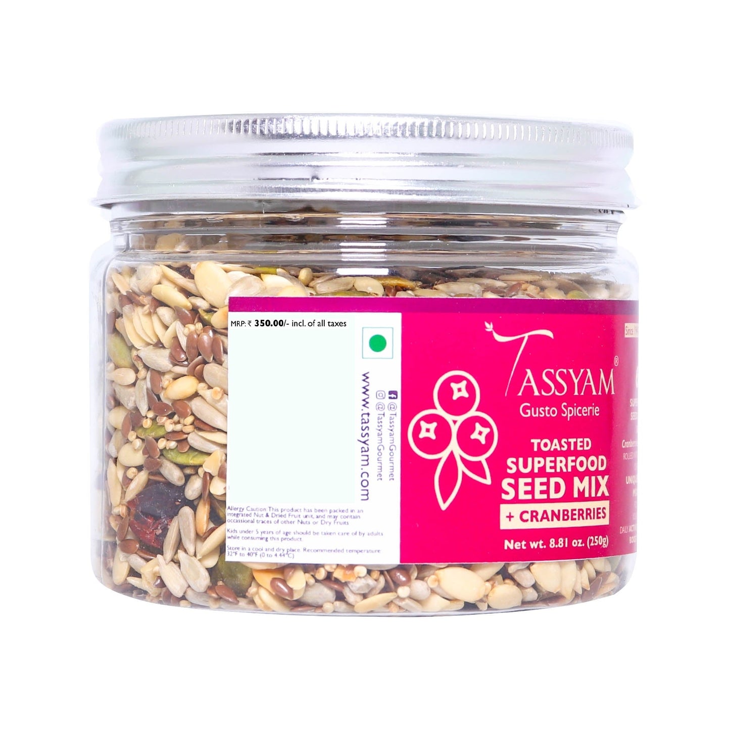 Superfood Seed Mix of 6 Toasted Seeds & Cranberries 250g - Tassyam Organics
