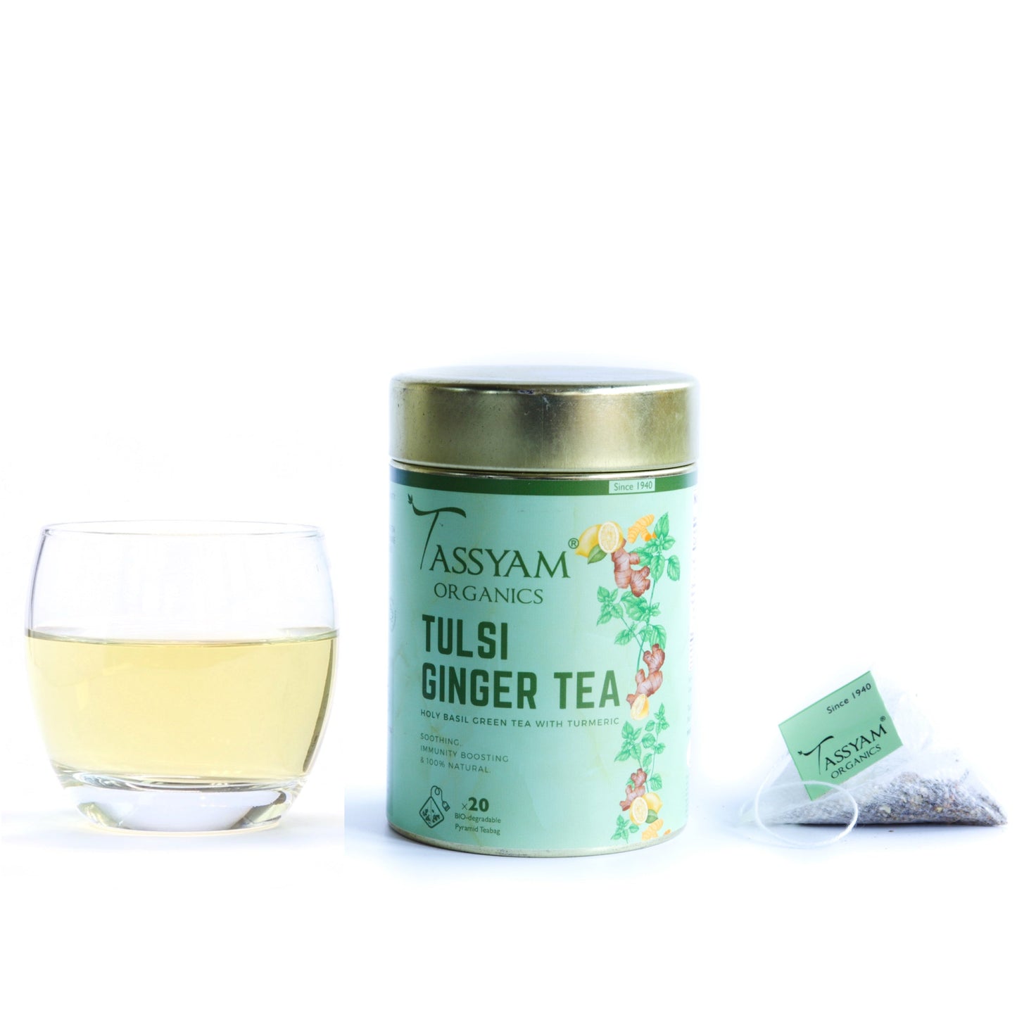 Tulsi Ginger 20 Biodegradable Tea Bags - Tassyam Organics