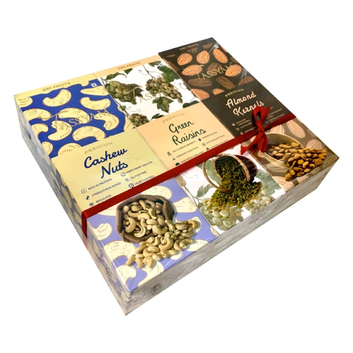 Dry Fruit GIft Set W240 cashews 400g, Almonds 400g, Green Raisins 500g - Tassyam Organics
