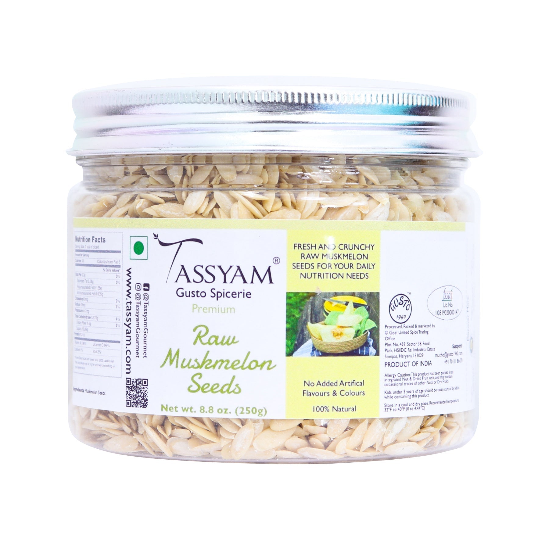 Raw Muskmelon Seeds 250g Jar - Tassyam Organics