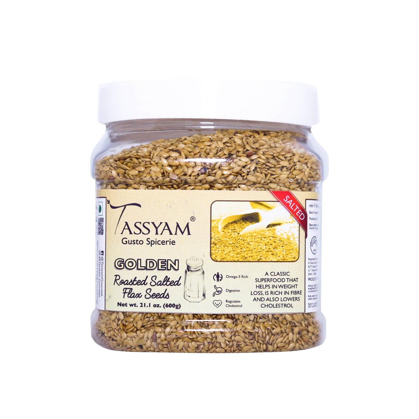 Roasted Salted Golden Flax Seed 600g Jar - Tassyam Organics