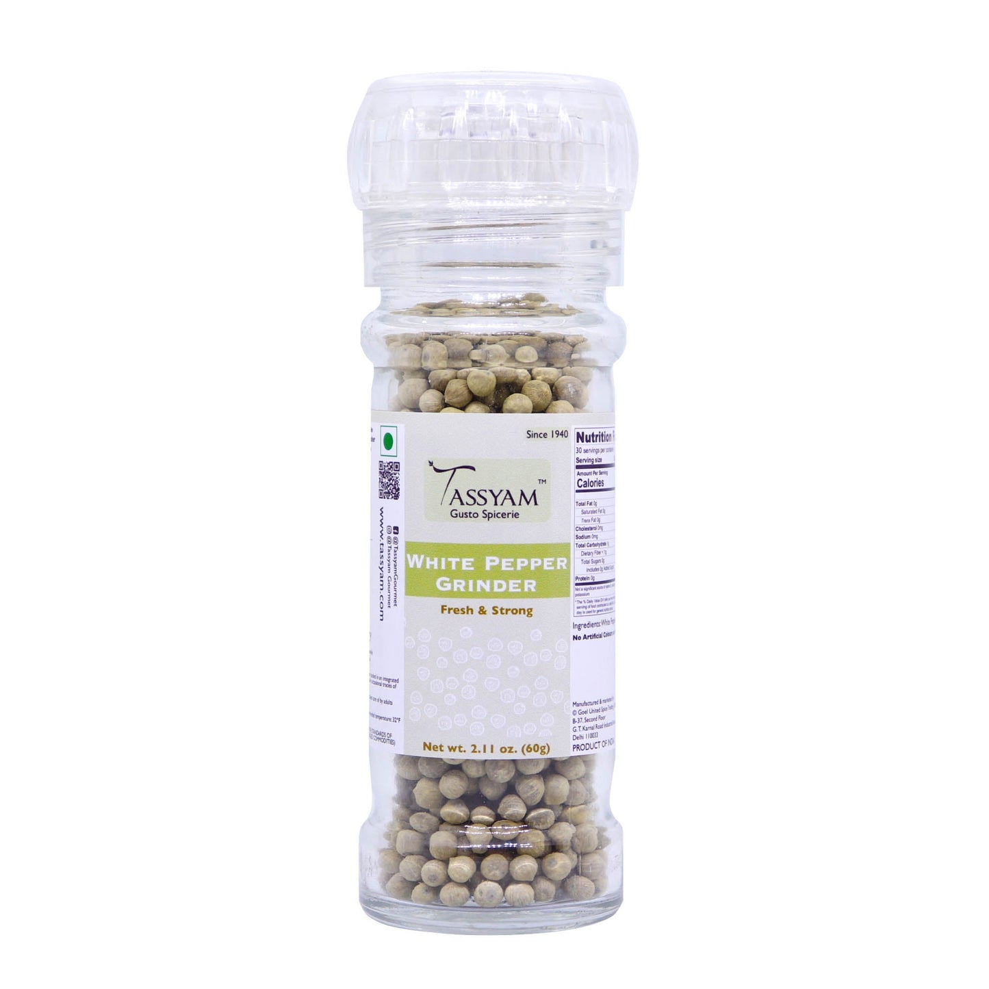 White Pepper 60g Grinder Bottle - Tassyam Organics