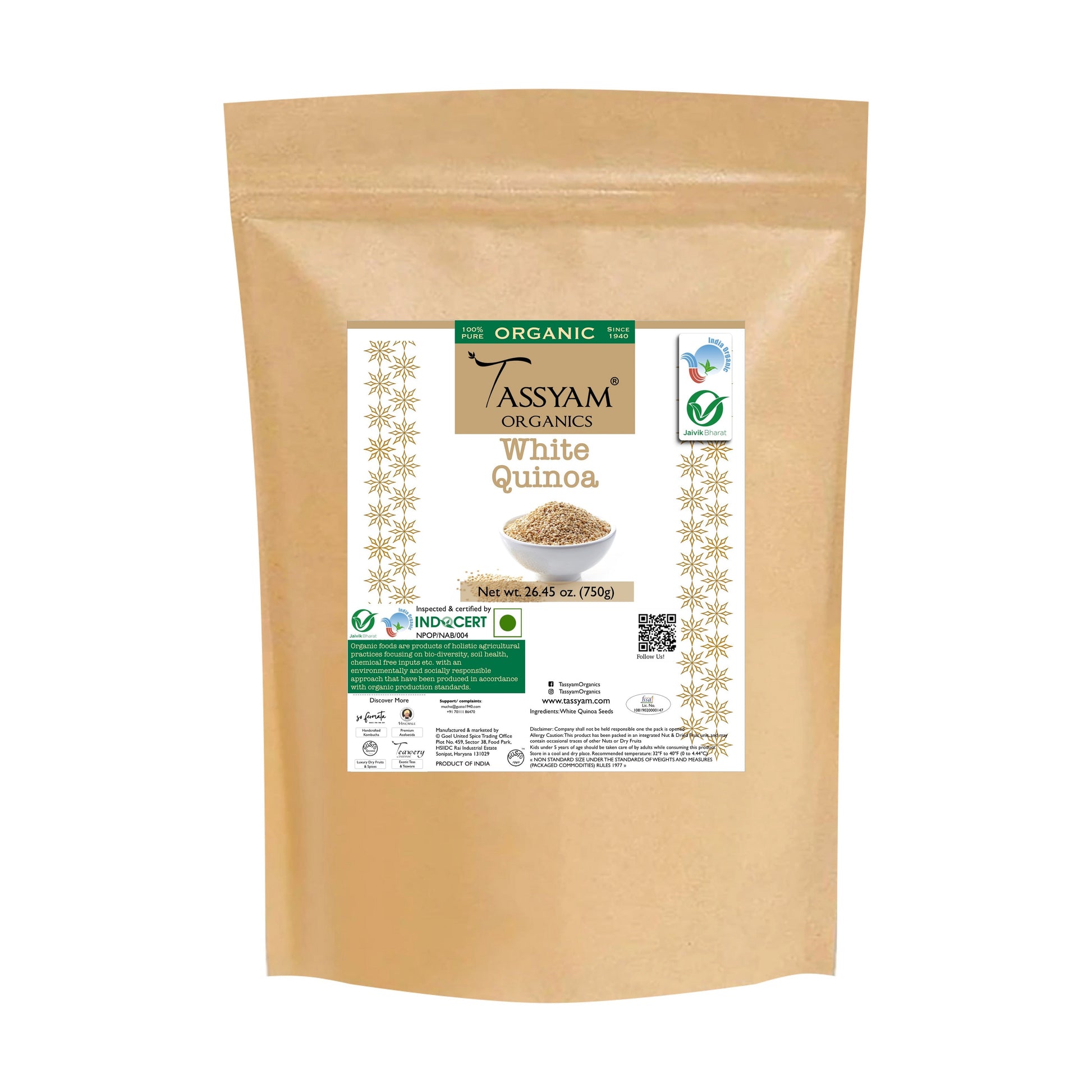Certified Organic Whole White Quinoa Grain, 750g Pouch - Tassyam Organics