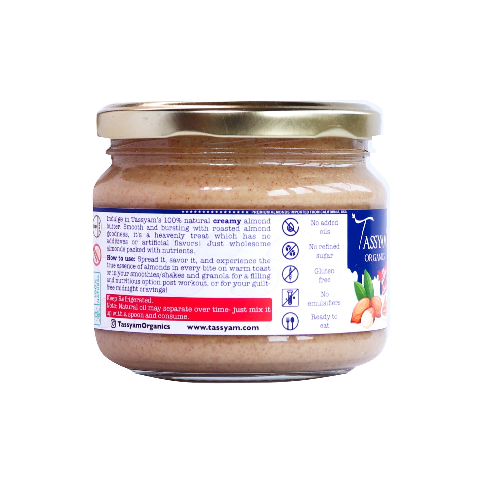 Creamy Almond Butter, 300g - Tassyam Organics