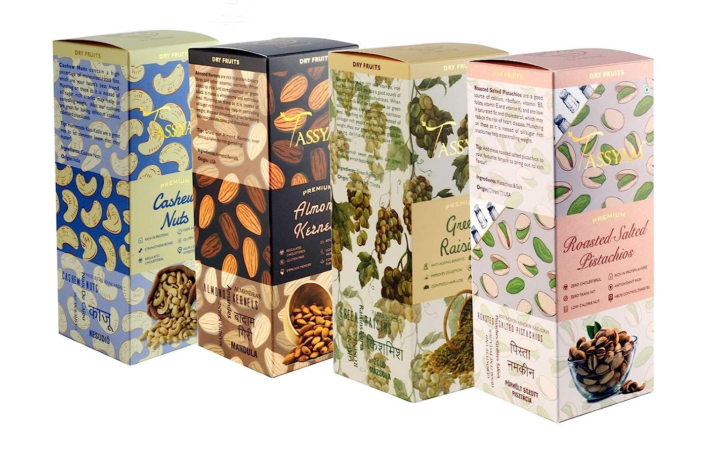 Dry Fruit GIft Set W240 cashews 400g, Almonds 400g, Green Raisins 500g, Roasted Salted Pista 400g - Tassyam Organics