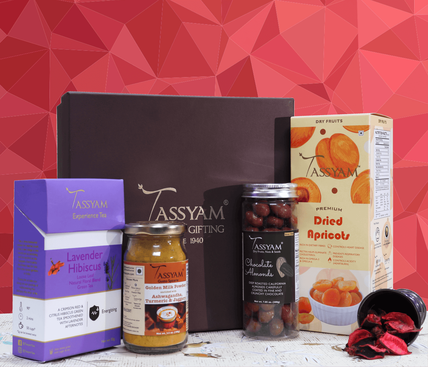Gift Box - Apricot + Lavender Hibiscus Tea + Chocolate Almonds + Golden Milk - Tassyam Organics