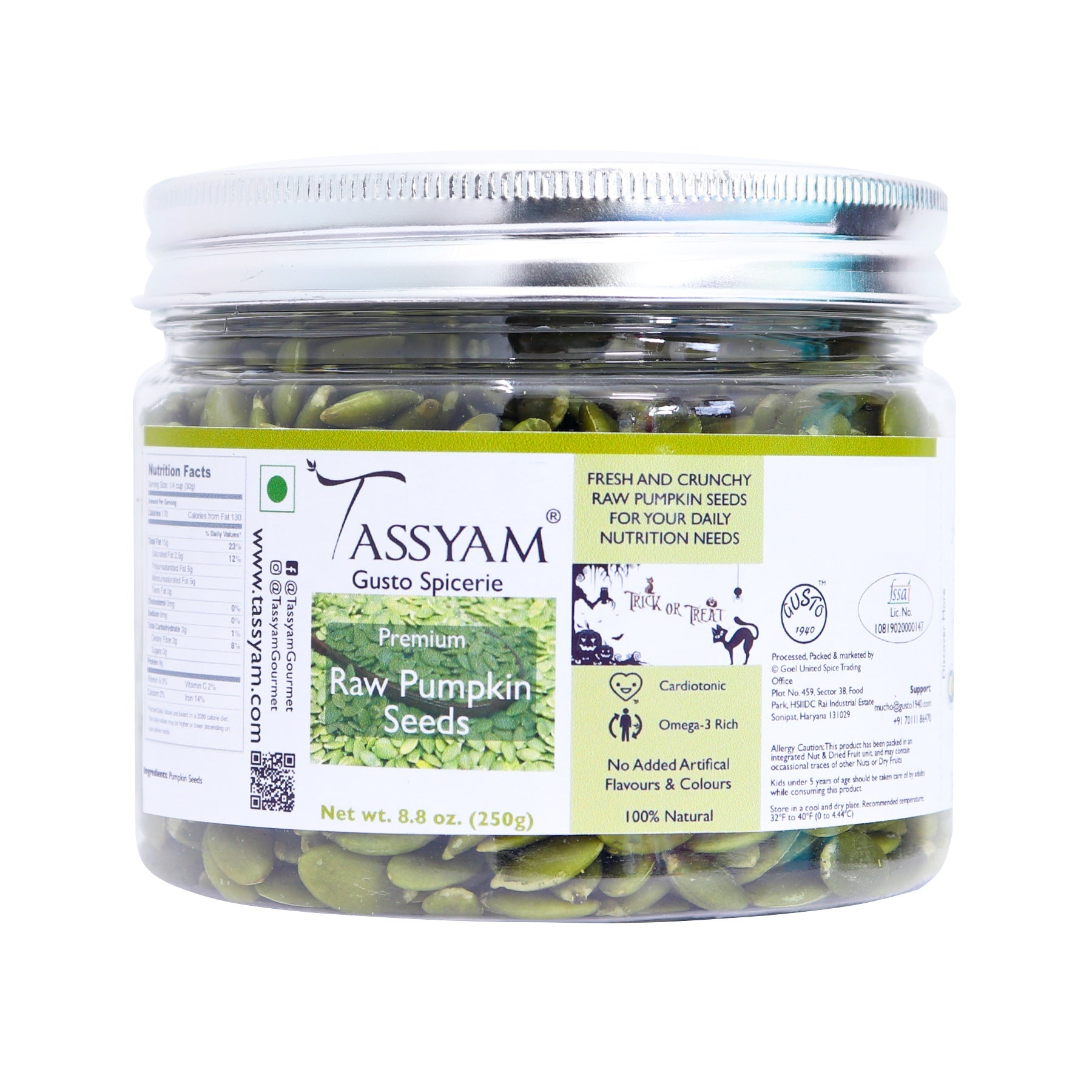 Raw Pumpkin Seeds 250g Jar - Tassyam Organics