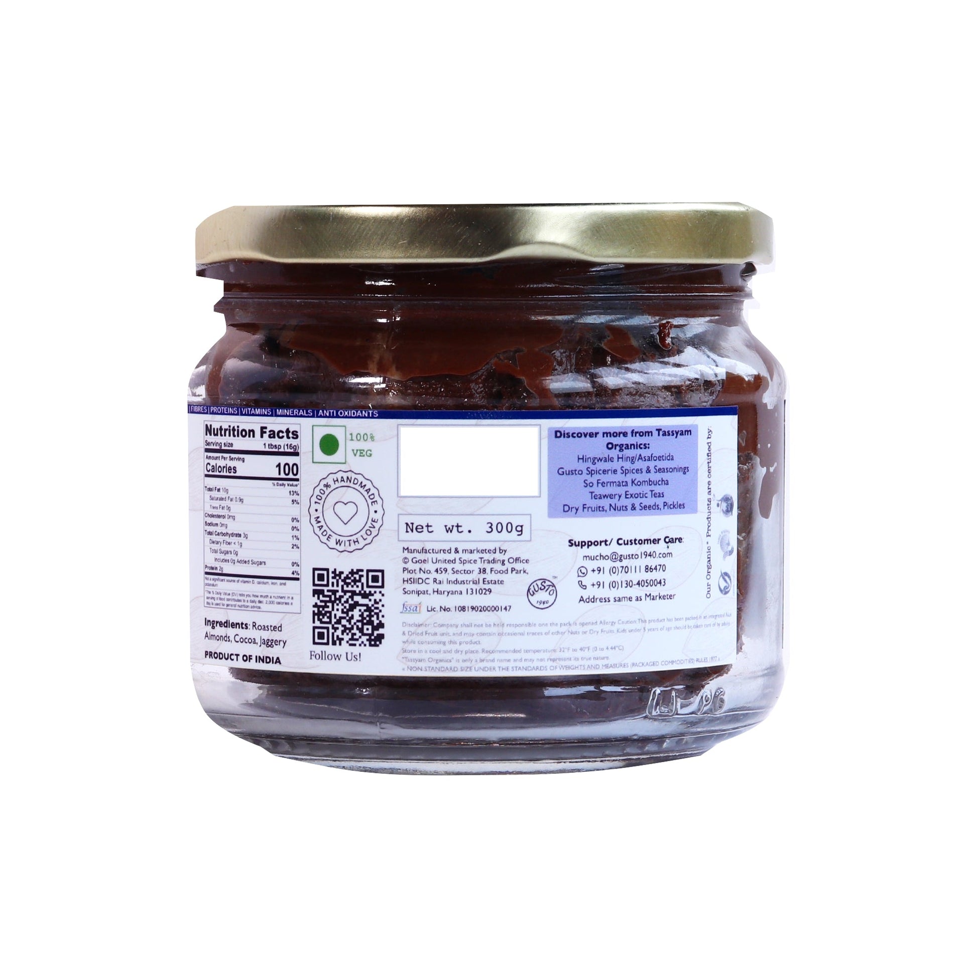 Rich Dark Chocolate Almond Spread, 300g - Tassyam Organics