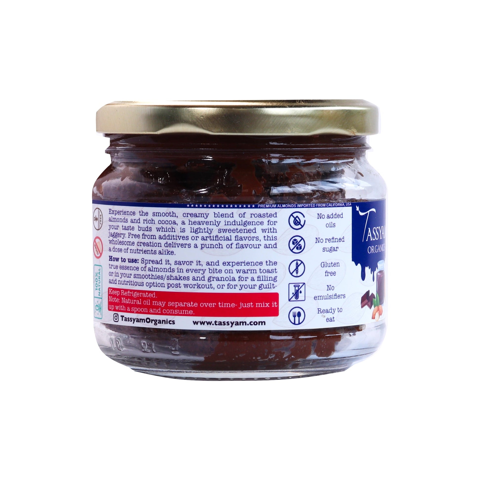 Rich Dark Chocolate Almond Spread, 300g - Tassyam Organics