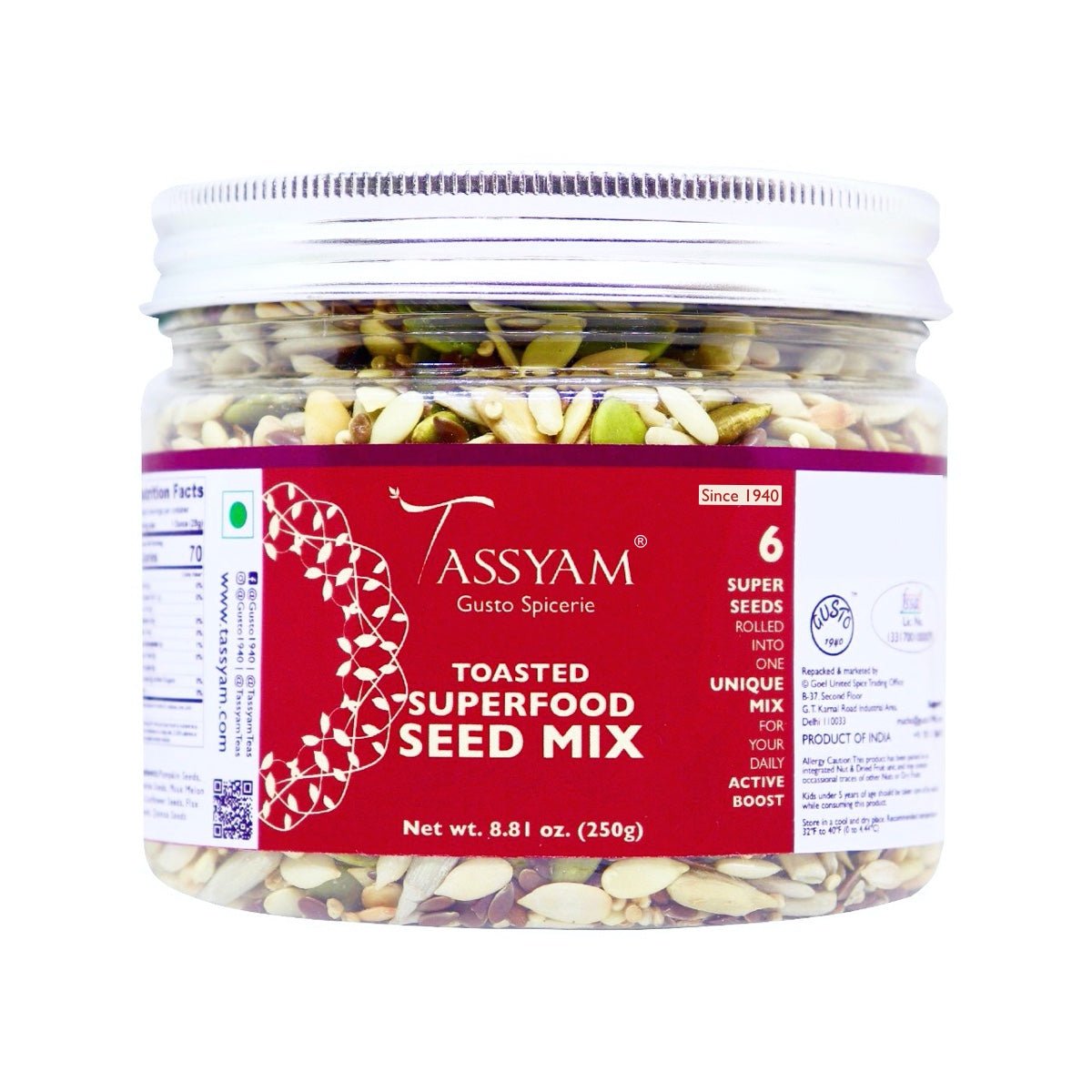 Superfood Seed Mix of 6 Toasted Seeds (250g) - Tassyam Organics