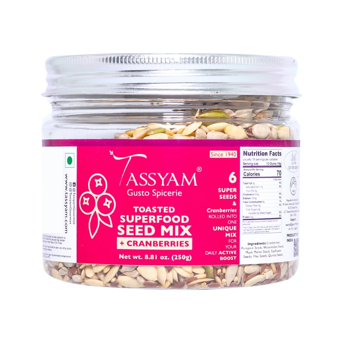 Superfood Seed Mix of 6 Toasted Seeds & Cranberries 250g - Tassyam Organics